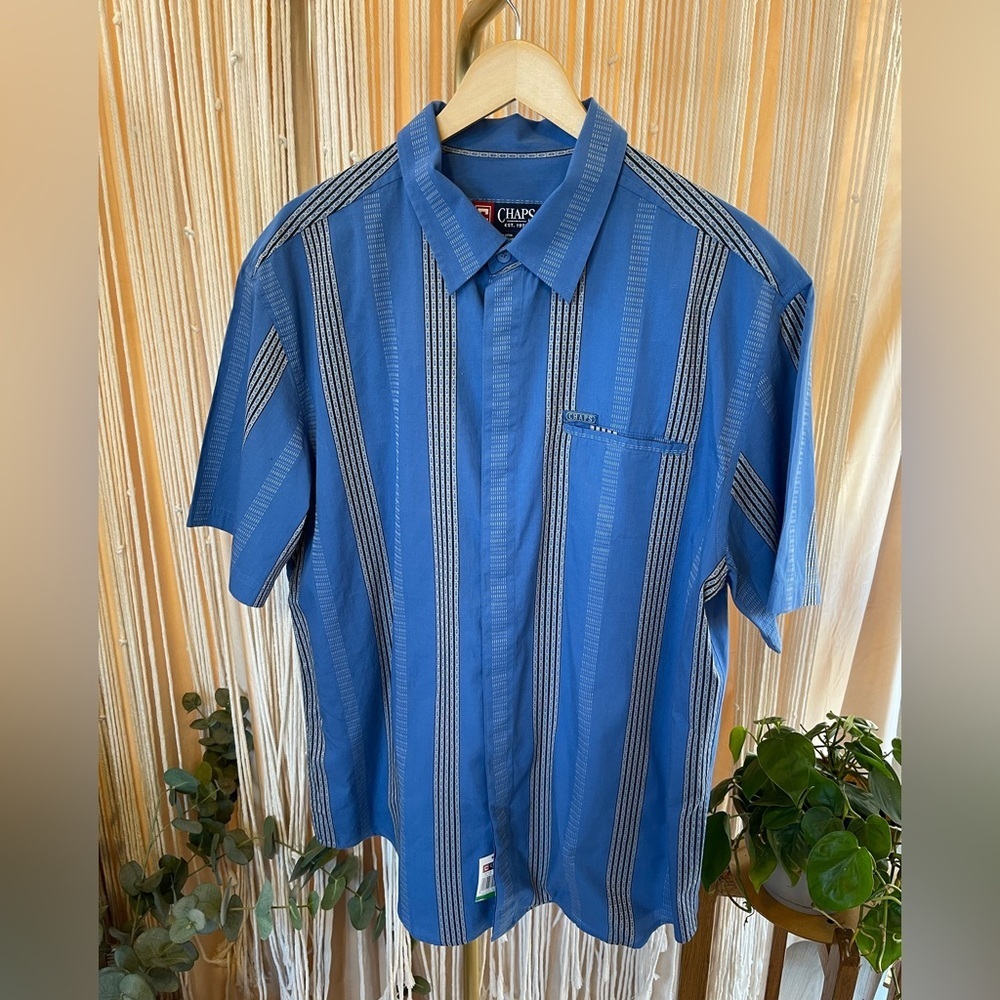 NWT Chaps short-sleeve button-down shirt blue vertical stripes chest pocket L